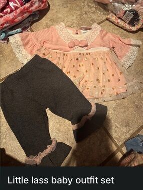 Little Lass Pink Tulle Top with Gold Hearts & Charcoal Ruffle Leggings